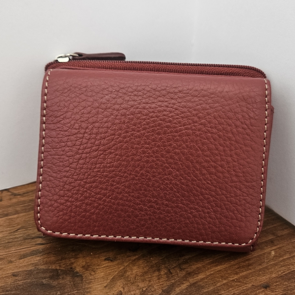 Mundi Dark Red Leather Wallet Tri-fold With Zipper Compartment